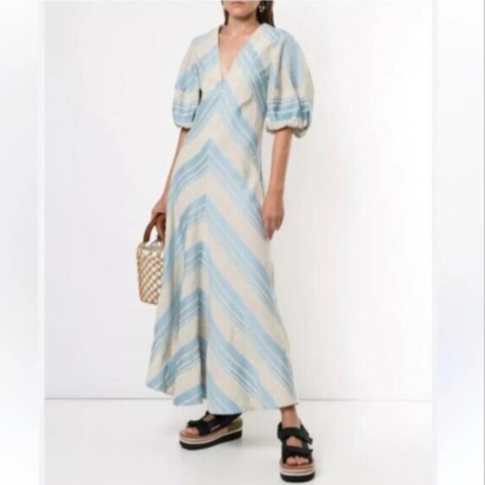 Lee Mathews Tilda Chevron Linen Blend Maxi Dress in Celadon Blue 4